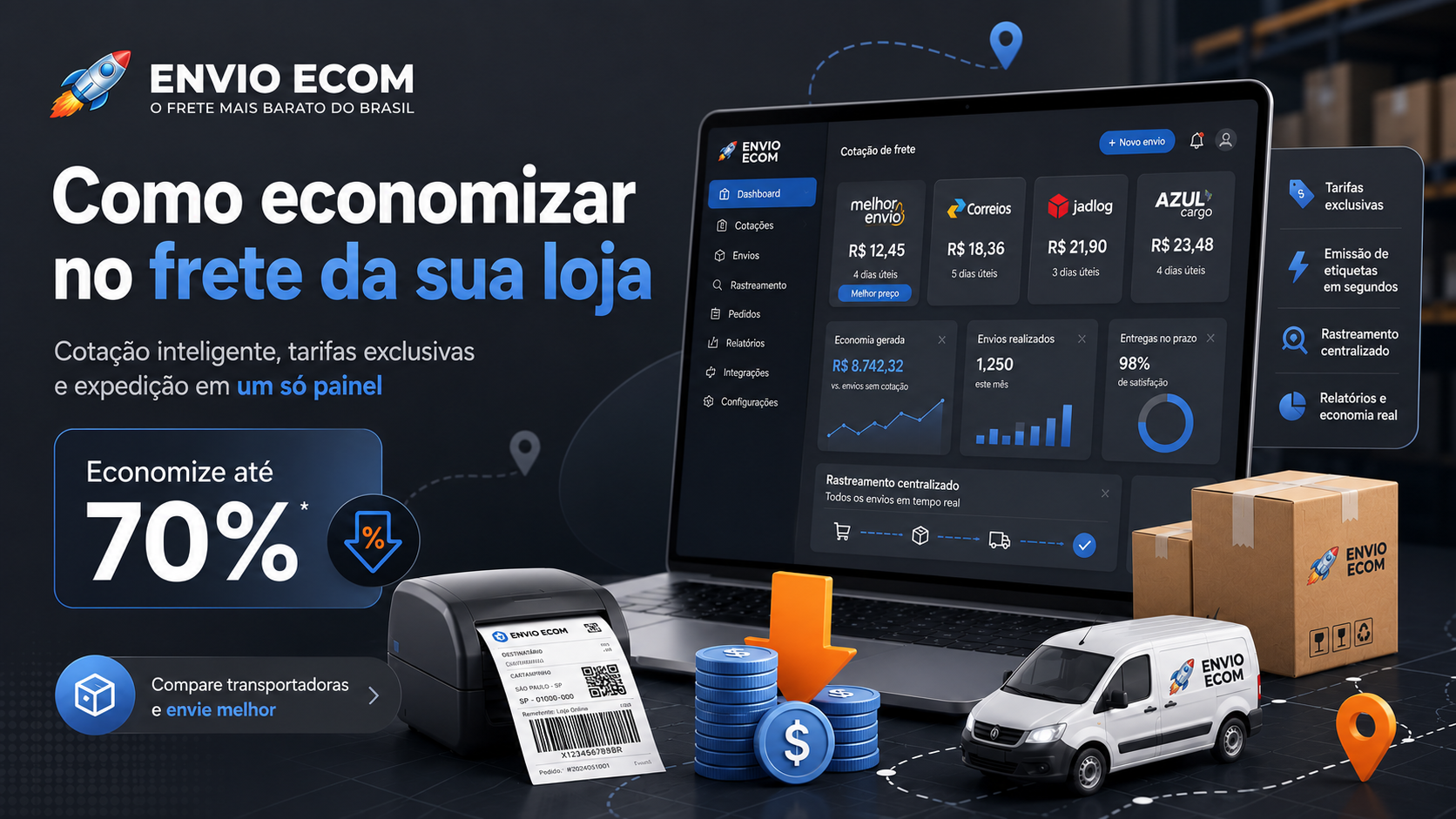 Ilustração de envio com selo de 70% de desconto no frete